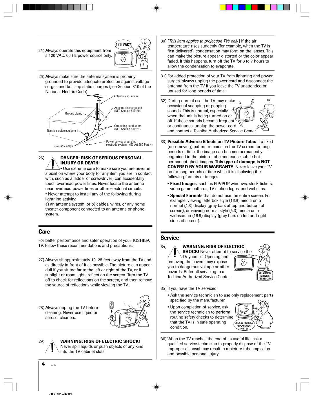 Toshiba 30HF83 owner manual Care, Service 