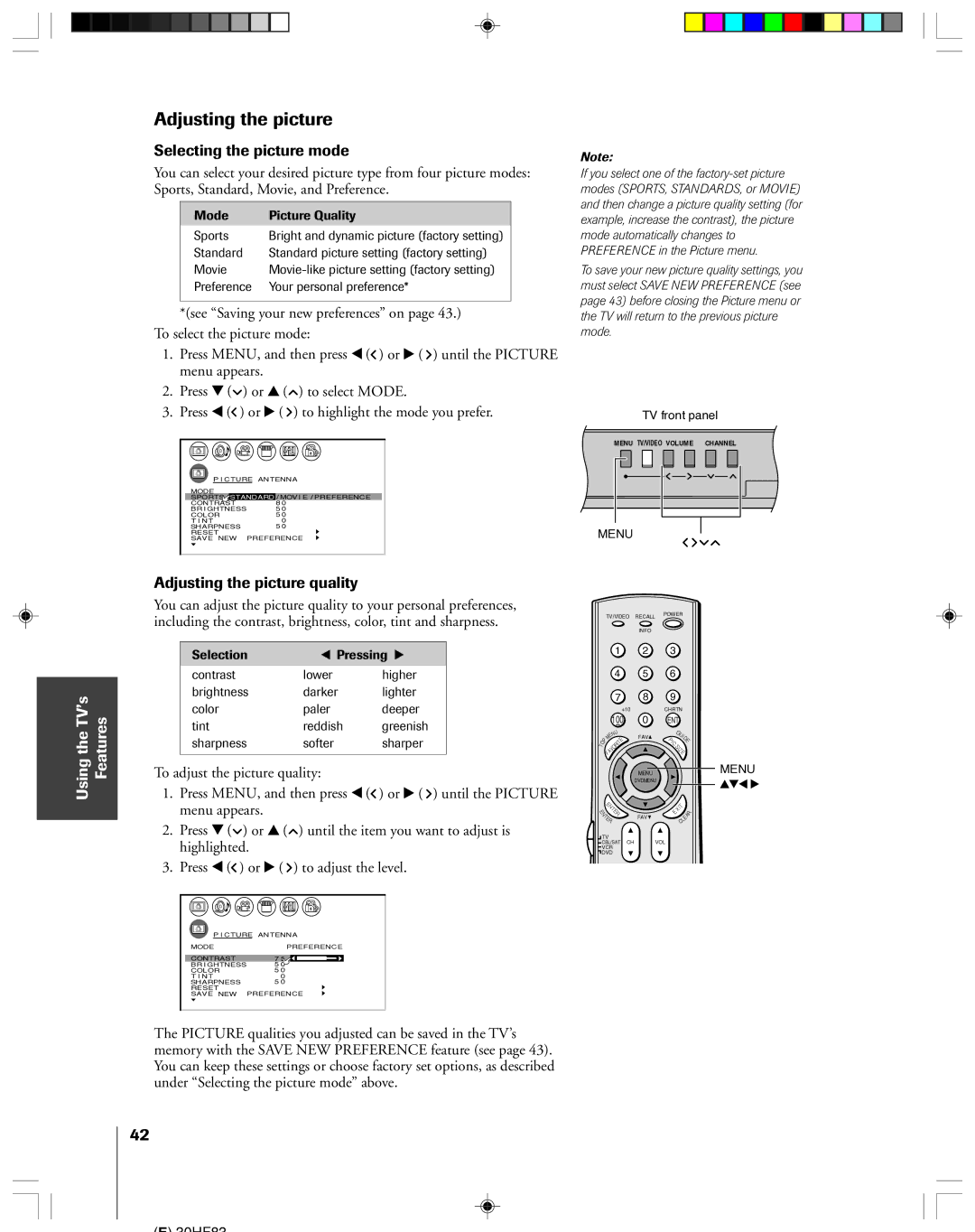 Toshiba 30HF83 owner manual Selecting the picture mode, Adjusting the picture quality 