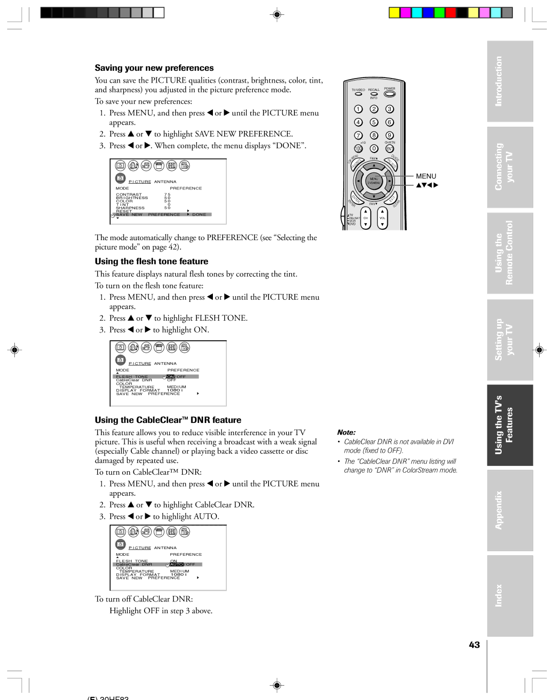 Toshiba 30HF83 owner manual Saving your new preferences, Using the flesh tone feature, Settingup YourTV 