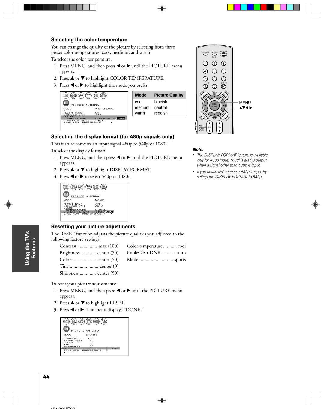 Toshiba 30HF83 owner manual Selecting the color temperature, Selecting the display format for 480p signals only 