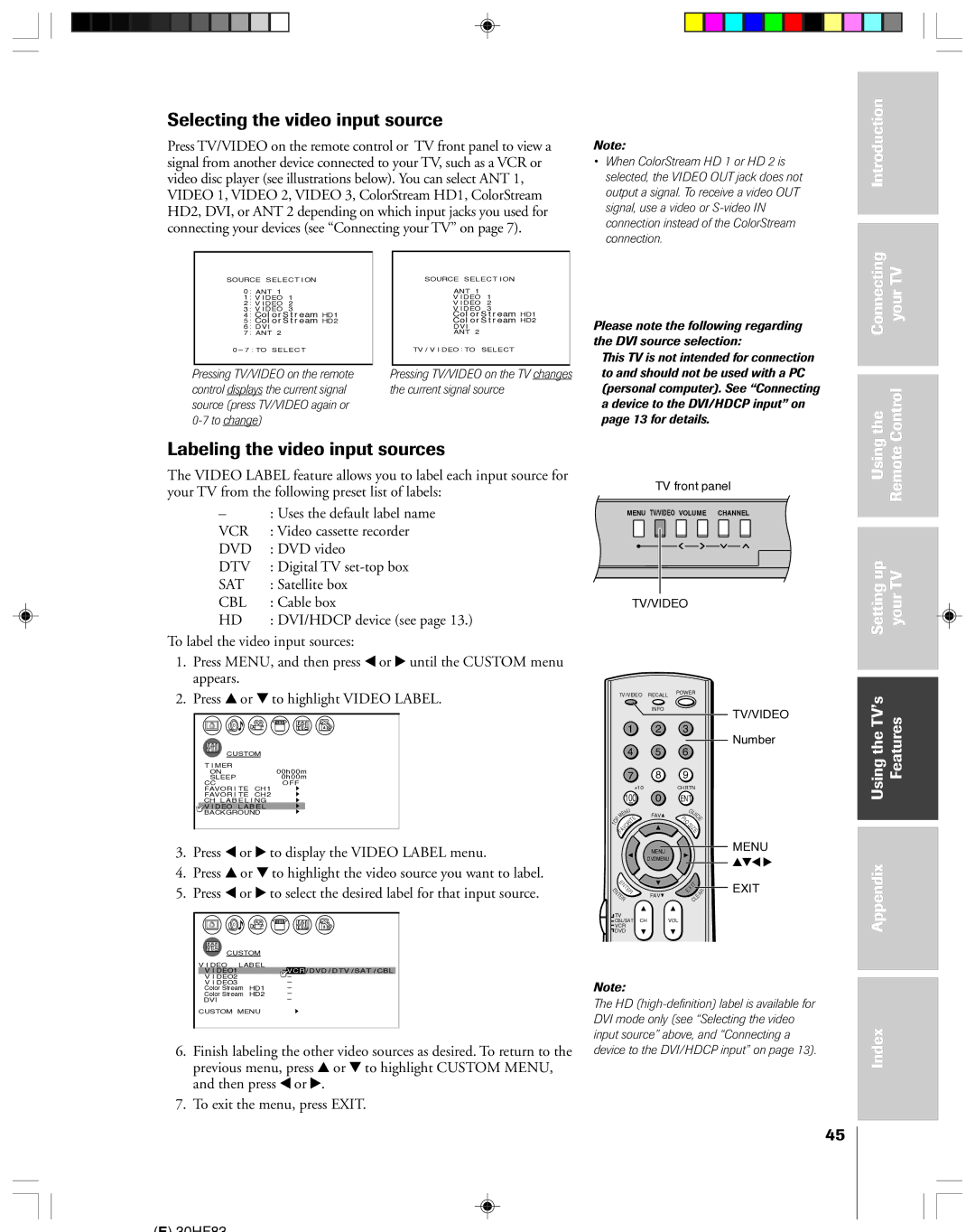 Toshiba 30HF83 owner manual Selecting the video input source, Labeling the video input sources, Connecting Your Control 