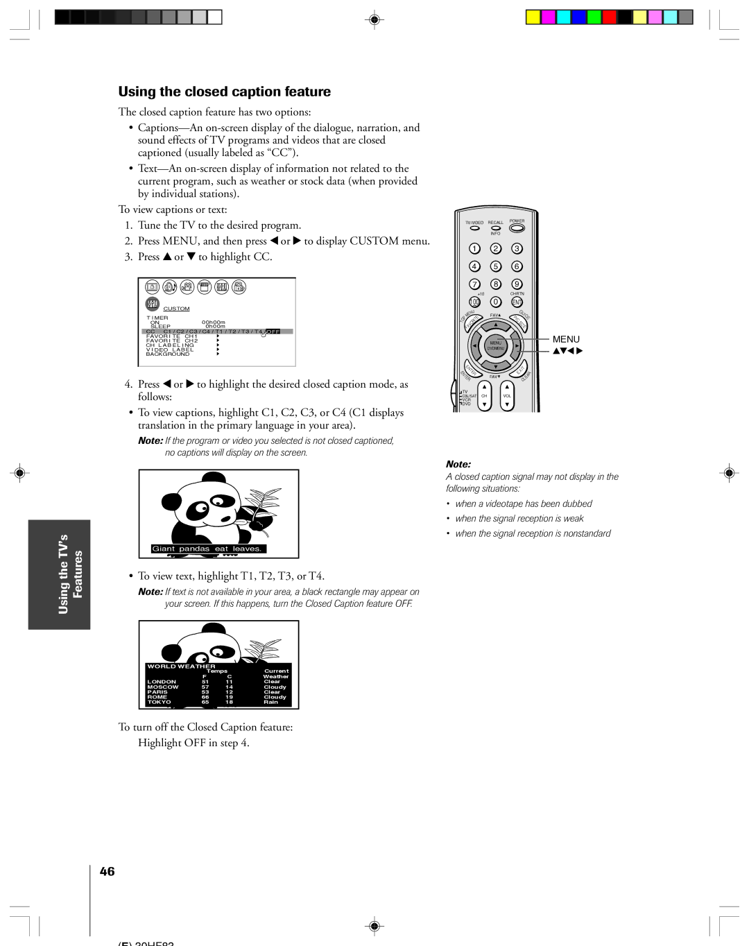 Toshiba 30HF83 owner manual Using the closed caption feature, ¥ To view text, highlight T1, T2, T3, or T4 