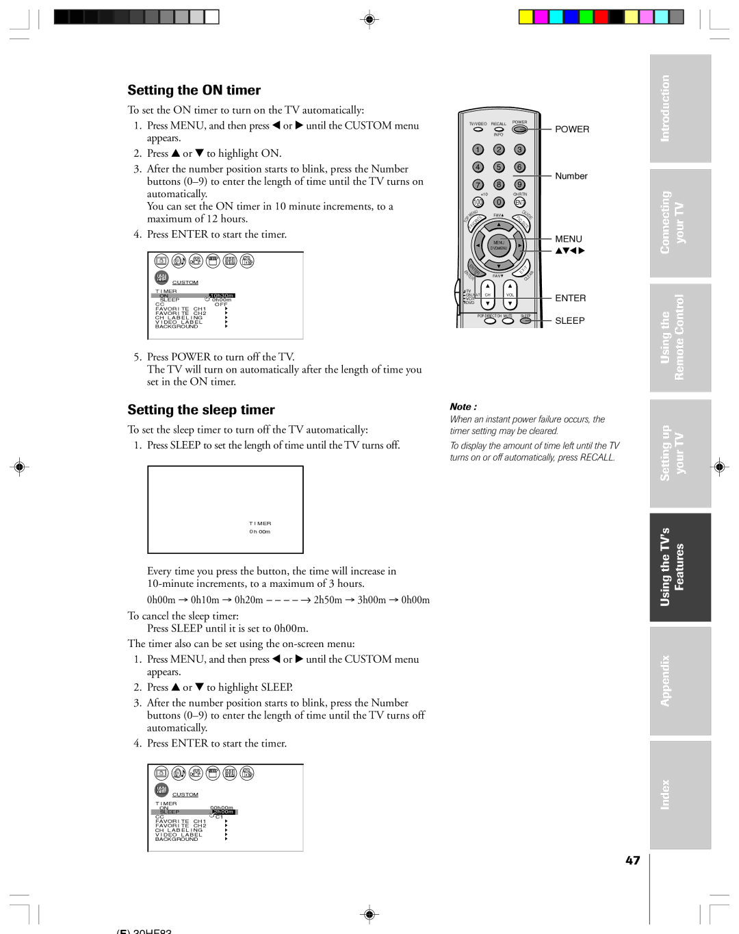 Toshiba 30HF83 owner manual Setting the on timer, Setting the sleep timer, Press y or z to highlight Sleep 