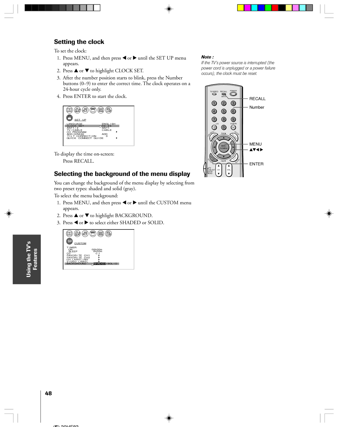 Toshiba 30HF83 Setting the clock, Selecting the background of the menu display, To display the time on-screen Press Recall 