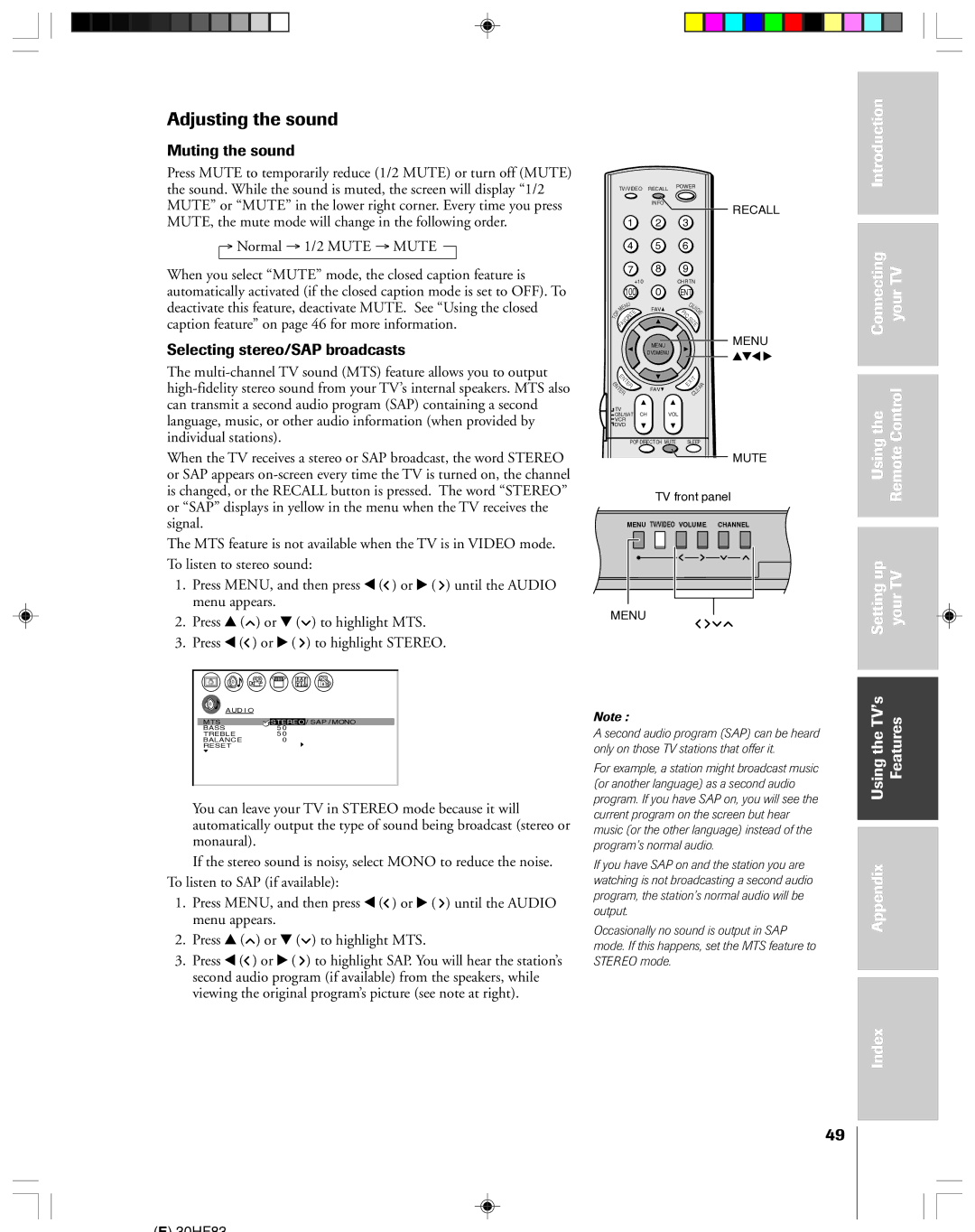 Toshiba 30HF83 owner manual Adjusting the sound, Muting the sound, Selecting stereo/SAP broadcasts 