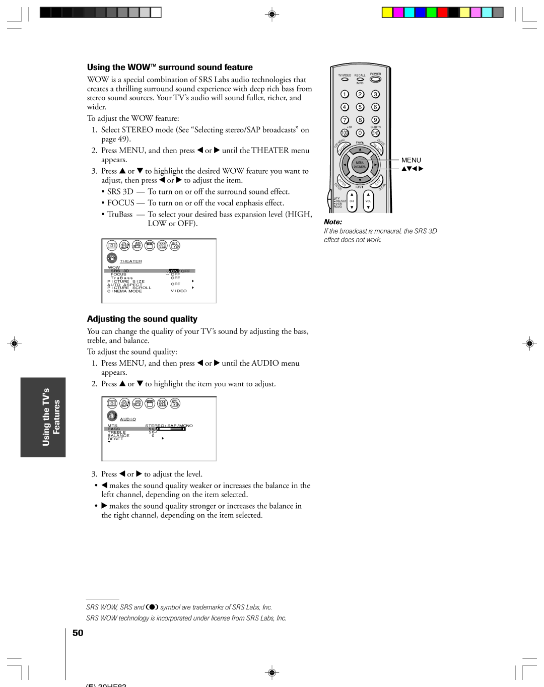 Toshiba 30HF83 Using the WOWª surround sound feature, Adjusting the sound quality, Press x or to adjust the level 