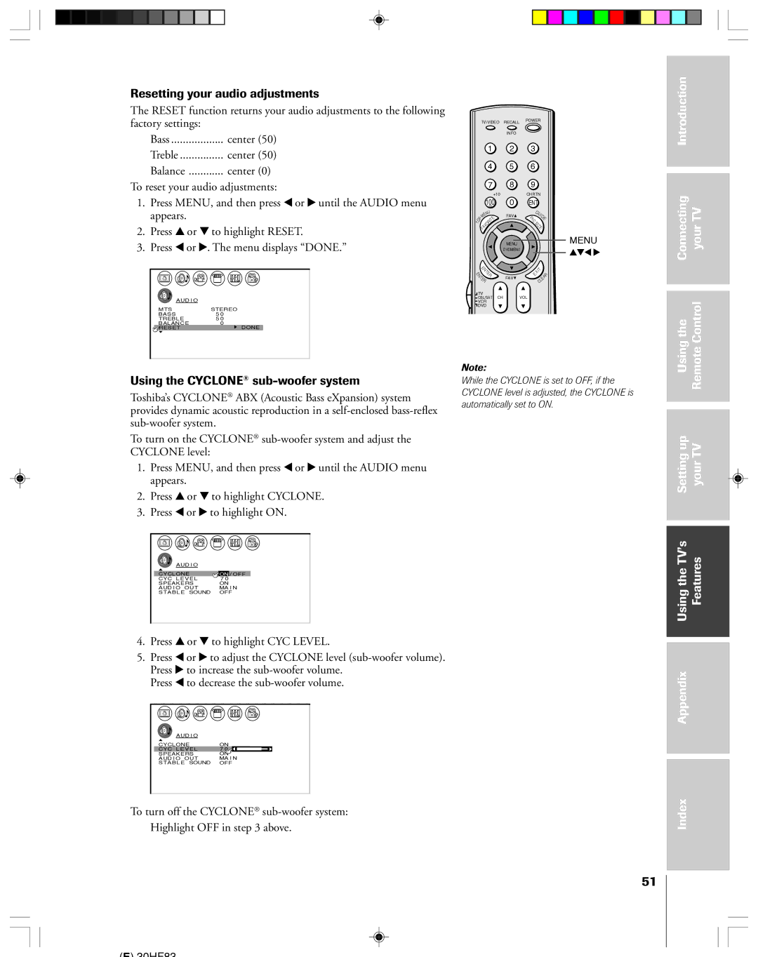 Toshiba 30HF83 Resetting your audio adjustments, Using the CYCLONE¨ sub-woofer system, Press y or z to highlight CYC Level 