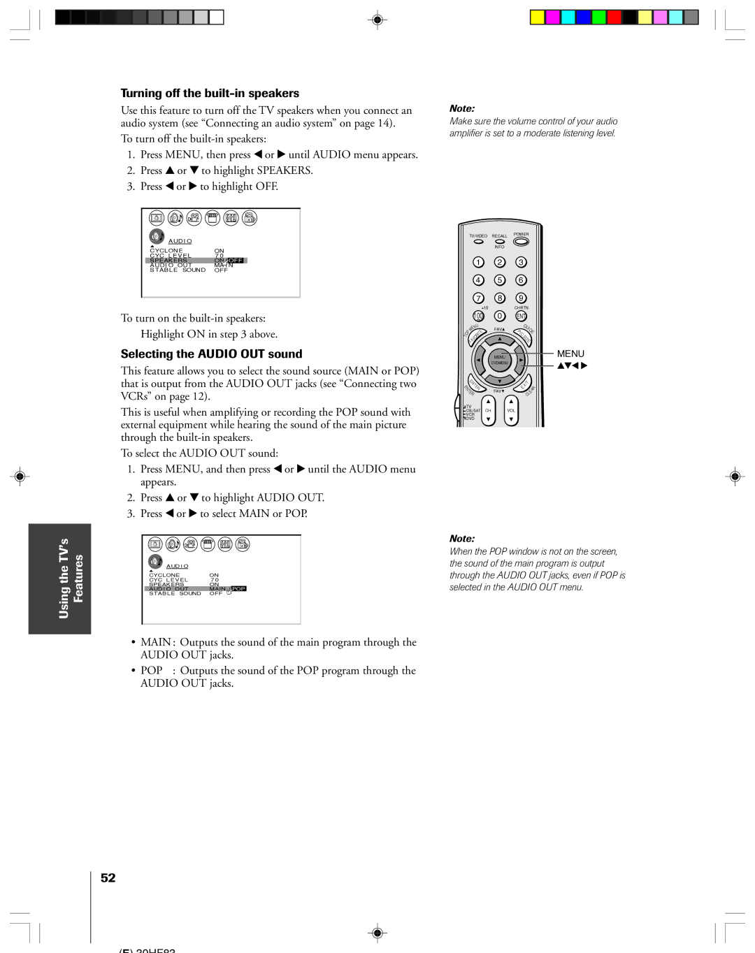 Toshiba 30HF83 owner manual Turning off the built-in speakers, Selecting the Audio OUT sound 