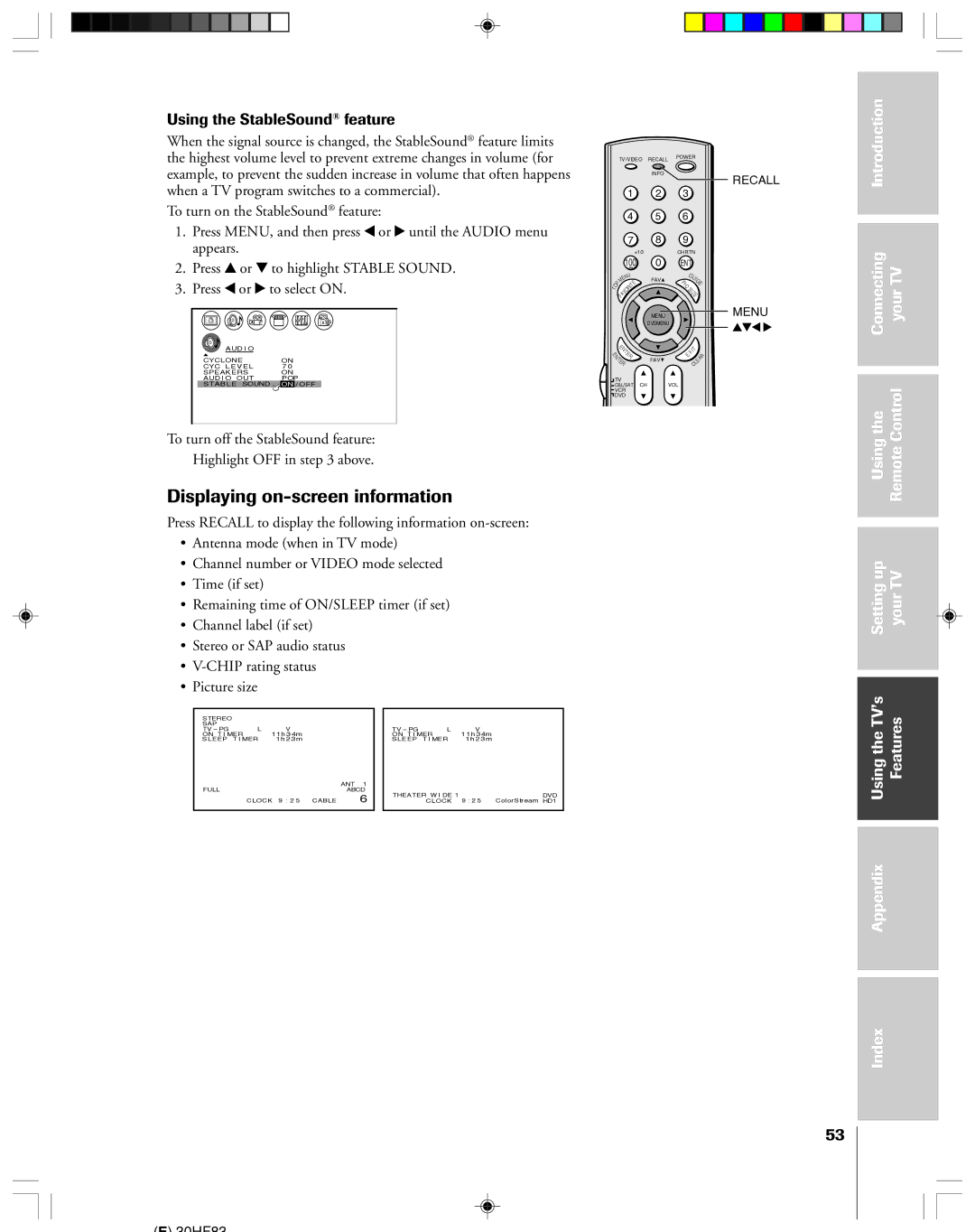 Toshiba 30HF83 owner manual Displaying on-screen information, Using the StableSound¨ feature 