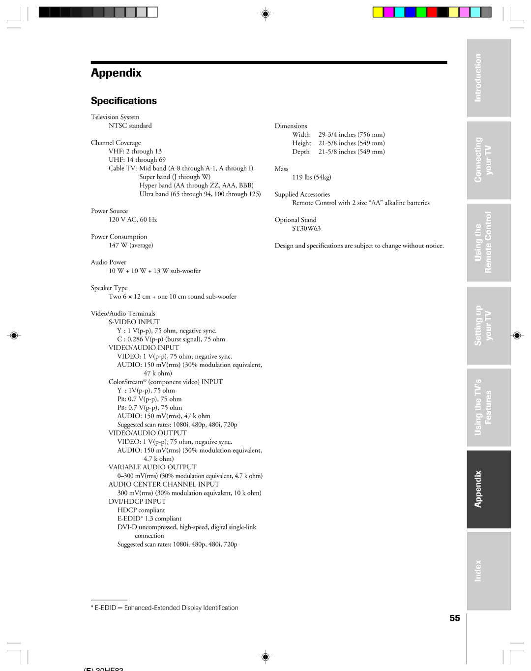 Toshiba 30HF83 owner manual Appendix, Specifications 