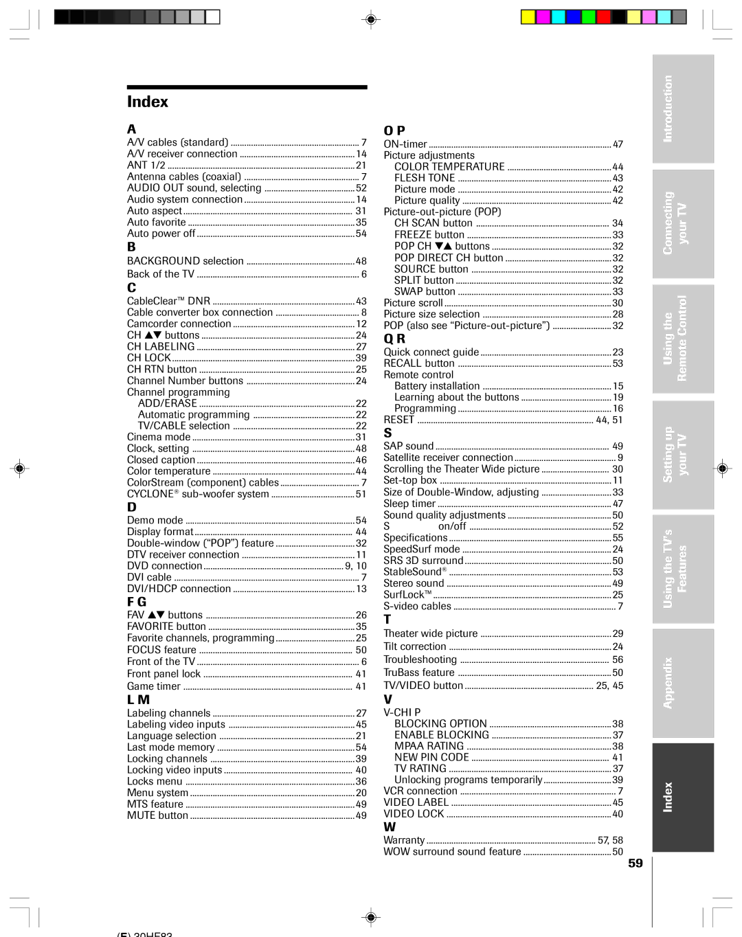 Toshiba 30HF83 owner manual Index, Channel programming, Picture adjustments, Picture-out-picture POP, Remote control 