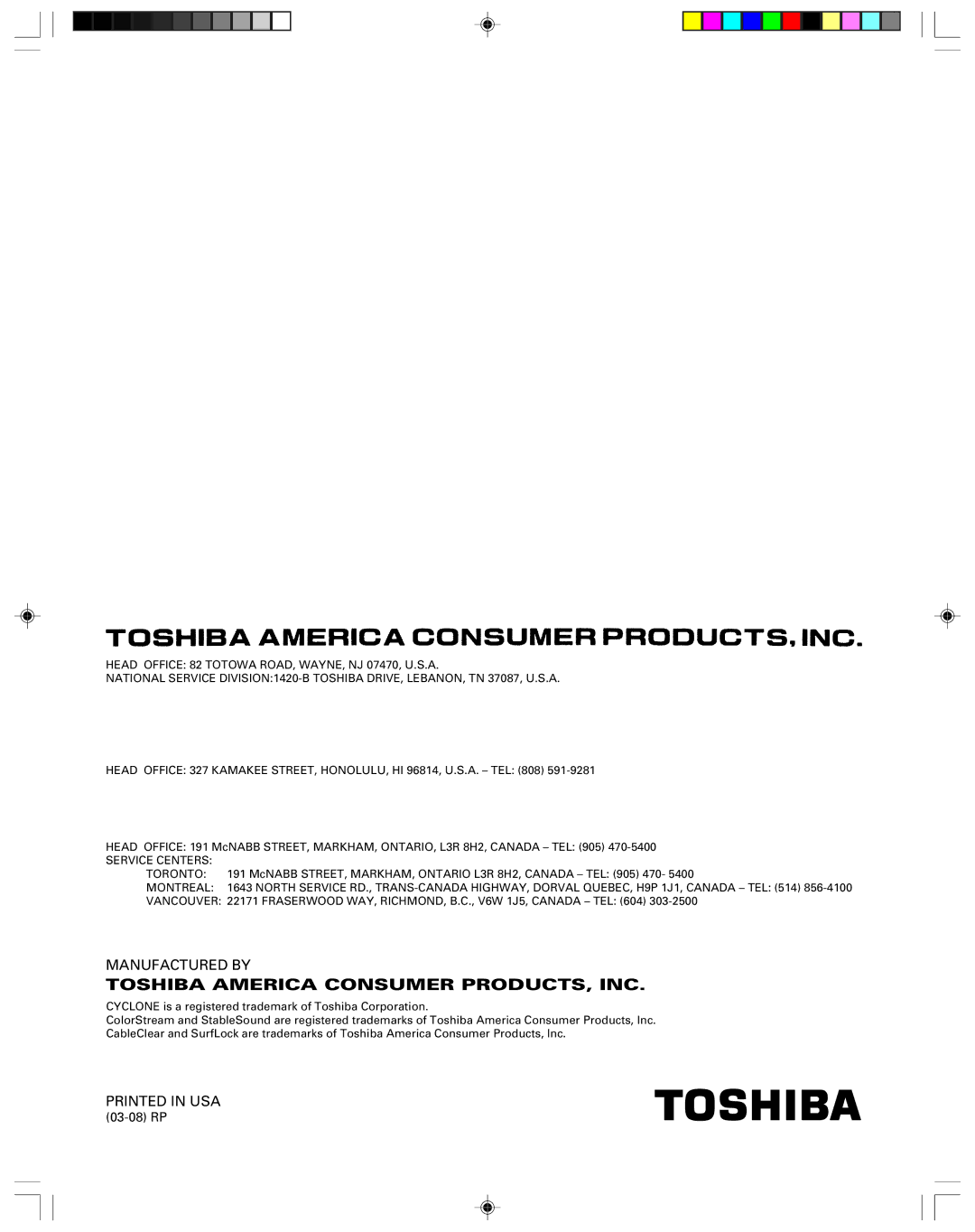 Toshiba 30HF83 owner manual Toshiba America Consumer PRODUCTS, INC 