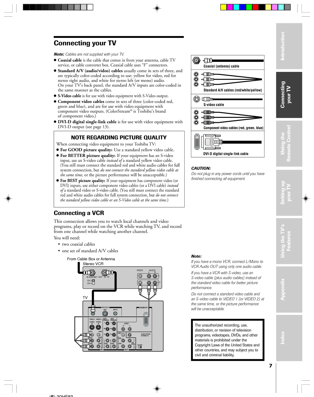 Toshiba 30HF83 owner manual Connecting your TV, Connecting a VCR, UsingtheTV’s Features Appendix Index 