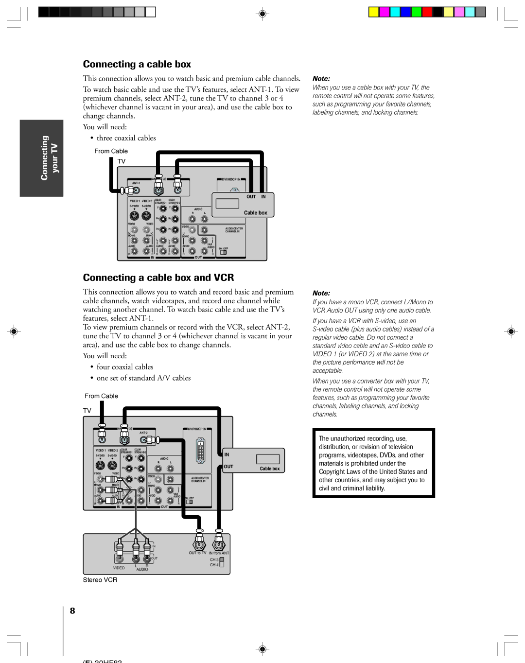 Toshiba 30HF83 owner manual Connecting a cable box and VCR, Connecting your TV, From Cable 