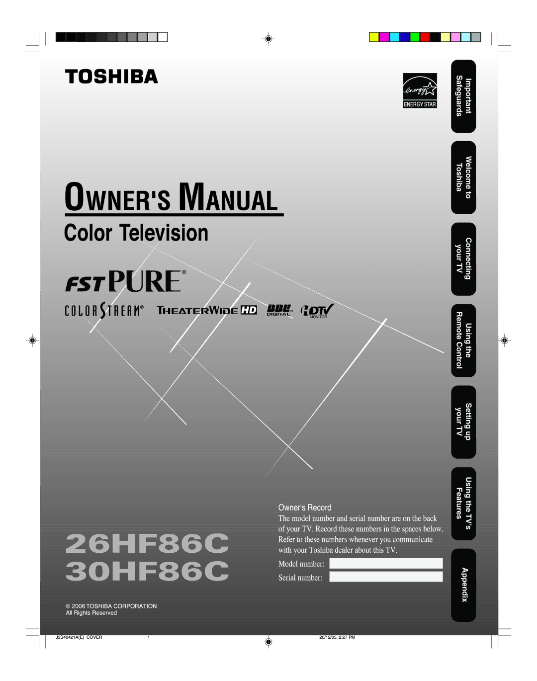 Toshiba appendix 26HF86C 30HF86C 