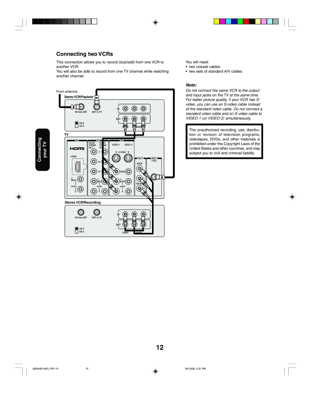 Toshiba 30HF86C, 26HF86C appendix Connecting two VCRs 