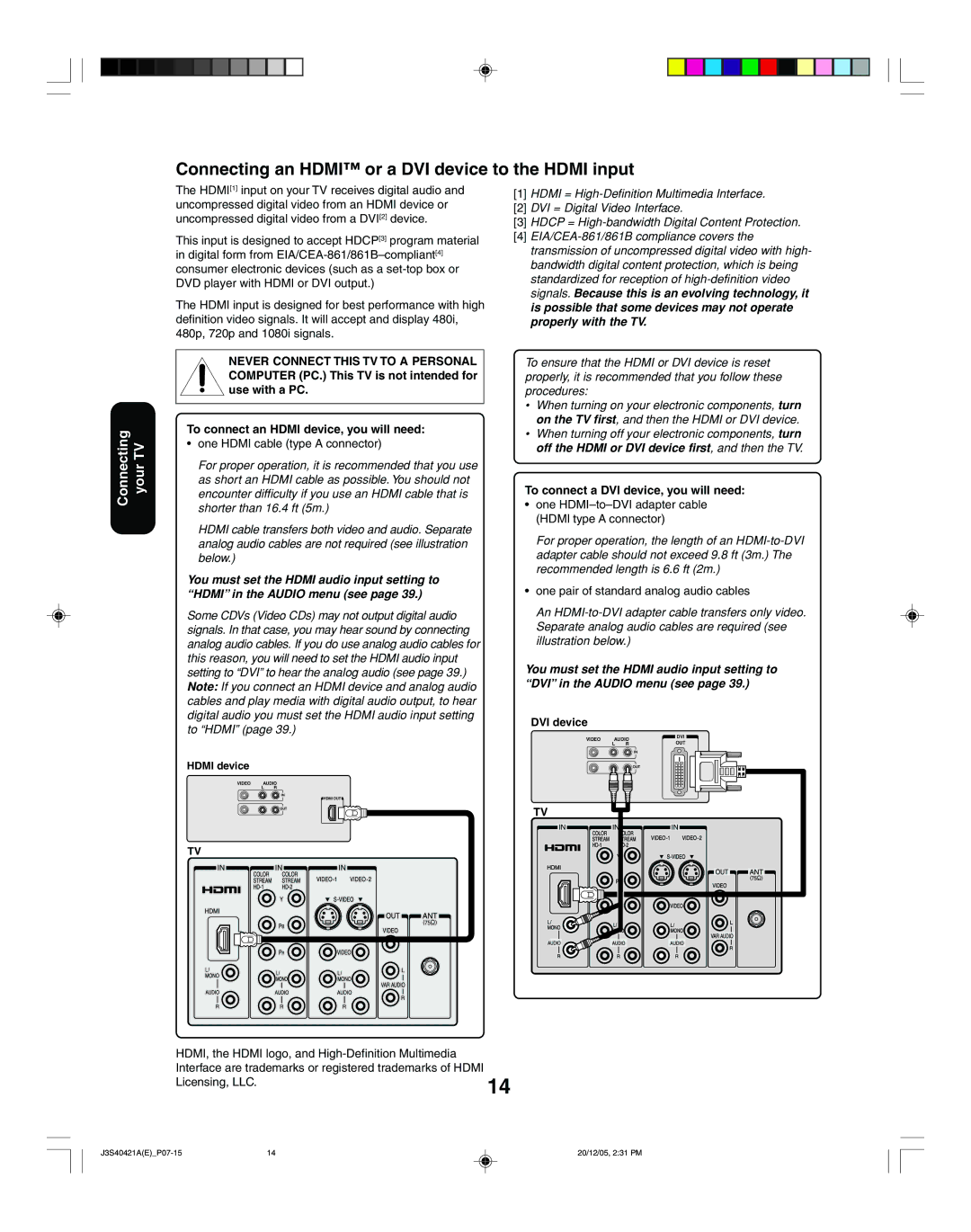 Toshiba 30HF86C, 26HF86C Connecting an Hdmi or a DVI device to the Hdmi input, To connect a DVI device, you will need 