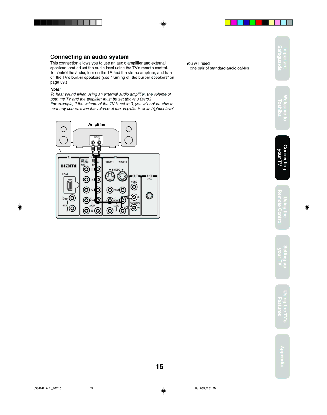 Toshiba 26HF86C, 30HF86C appendix Connecting an audio system, Amplifier, You will need One pair of standard audio cables 