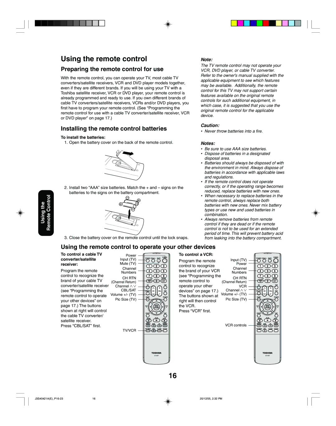 Toshiba 30HF86C Using the remote control, Preparing the remote control for use, Installing the remote control batteries 