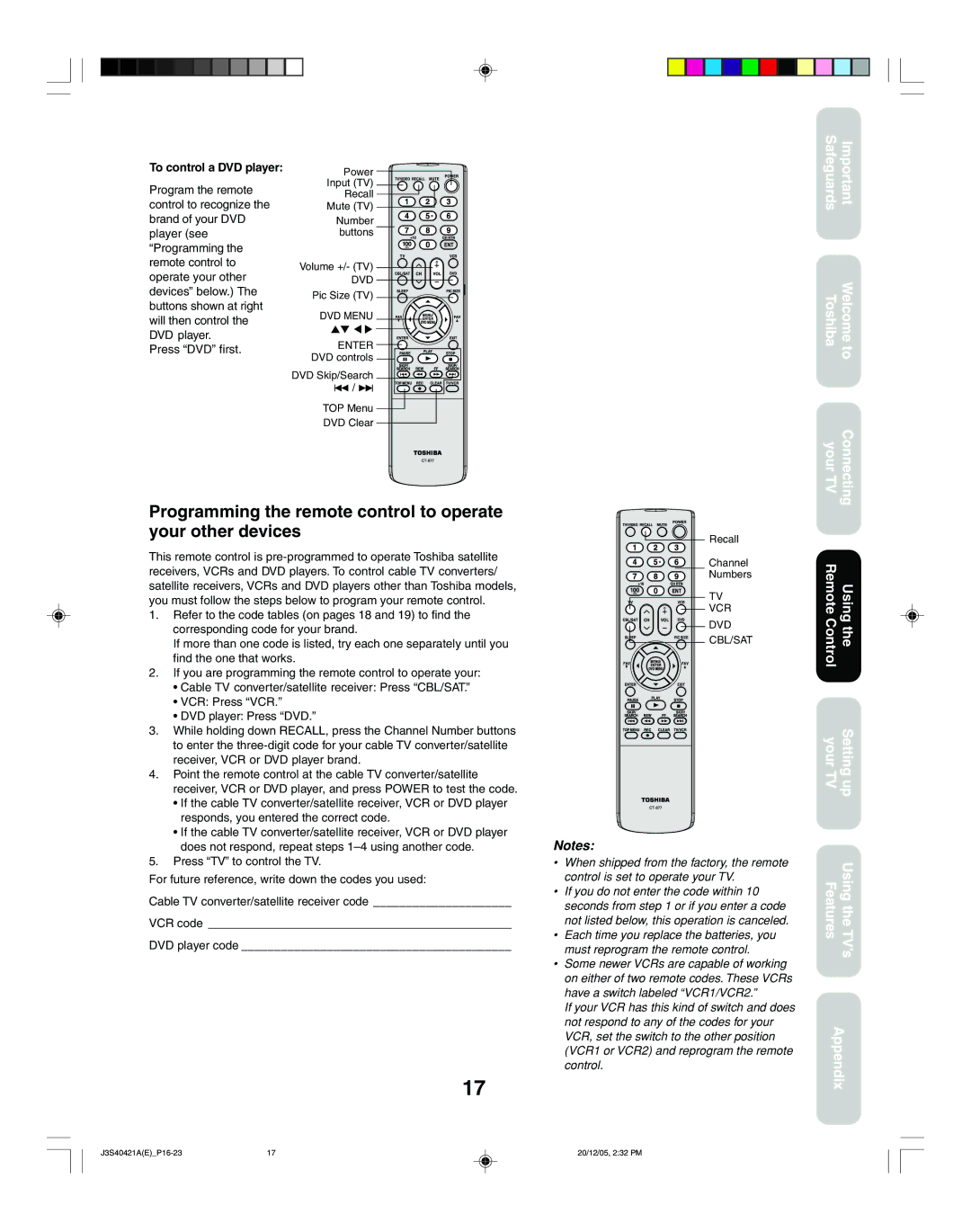 Toshiba 26HF86C, 30HF86C appendix Programming the remote control to operate your other devices, To control a DVD player 