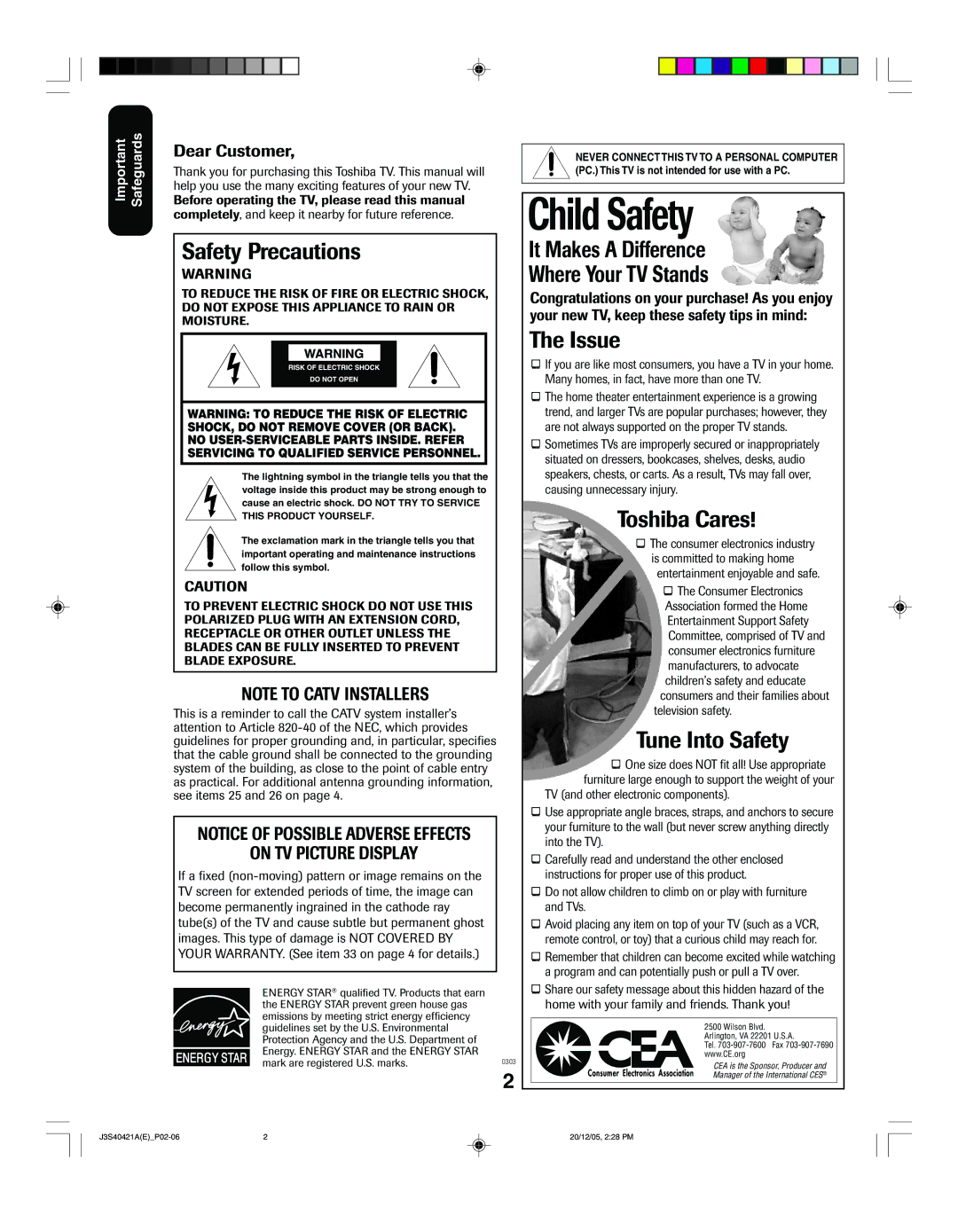 Toshiba 30HF86C, 26HF86C appendix Child Safety 