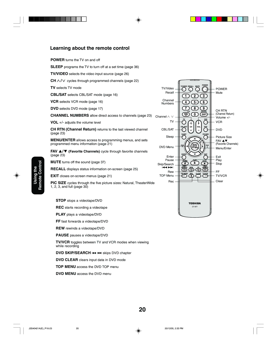 Toshiba 30HF86C, 26HF86C appendix Learning about the remote control, Using the Remote Control 