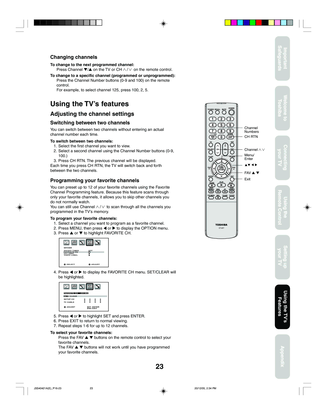 Toshiba 26HF86C Using the TV’s features, Adjusting the channel settings, Changing channels, Switching between two channels 