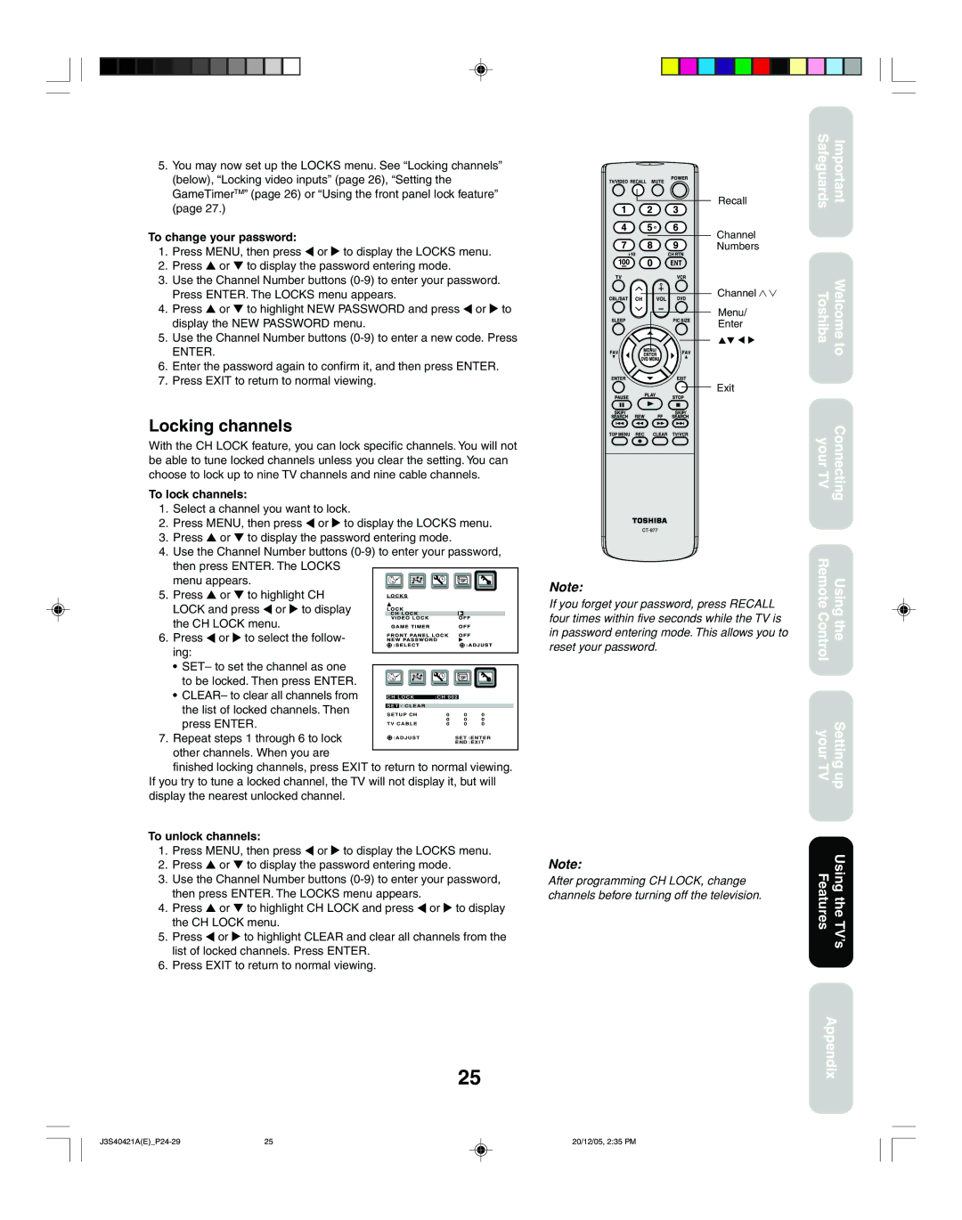 Toshiba 26HF86C, 30HF86C appendix Locking channels, To change your password, Enter, To lock channels, To unlock channels 