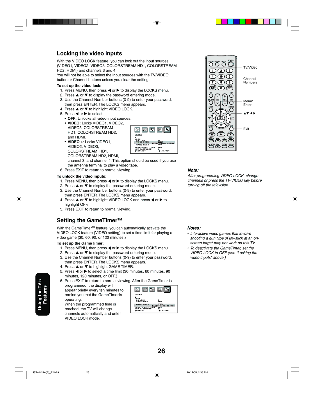 Toshiba 30HF86C Locking the video inputs, Setting the GameTimerTM, To set up the video lock, To unlock the video inputs 