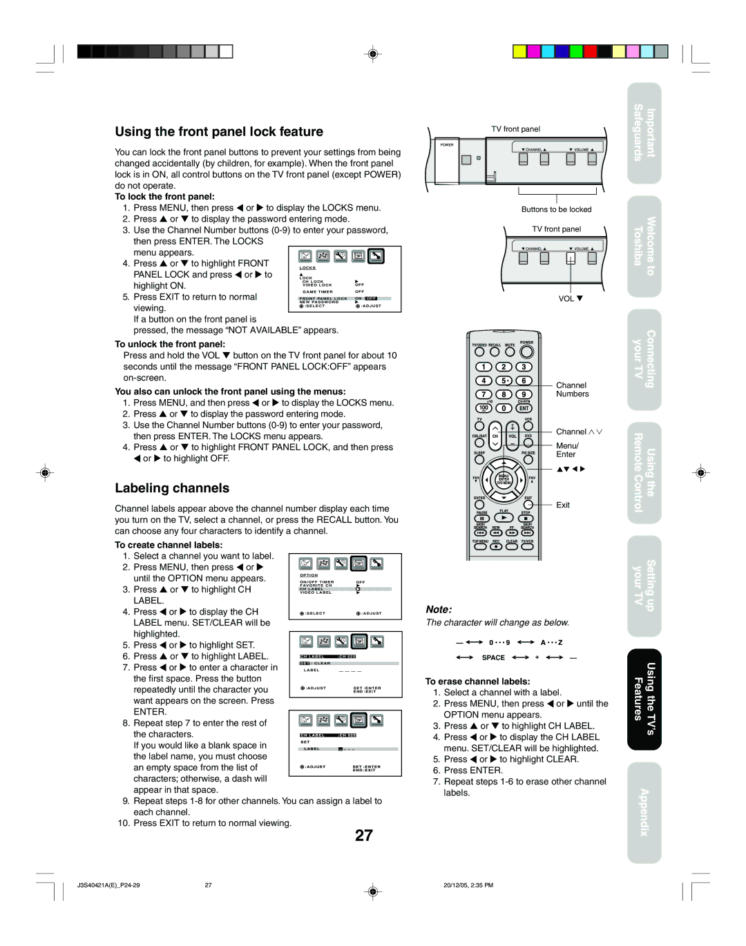 Toshiba 26HF86C, 30HF86C appendix Using the front panel lock feature, Labeling channels 