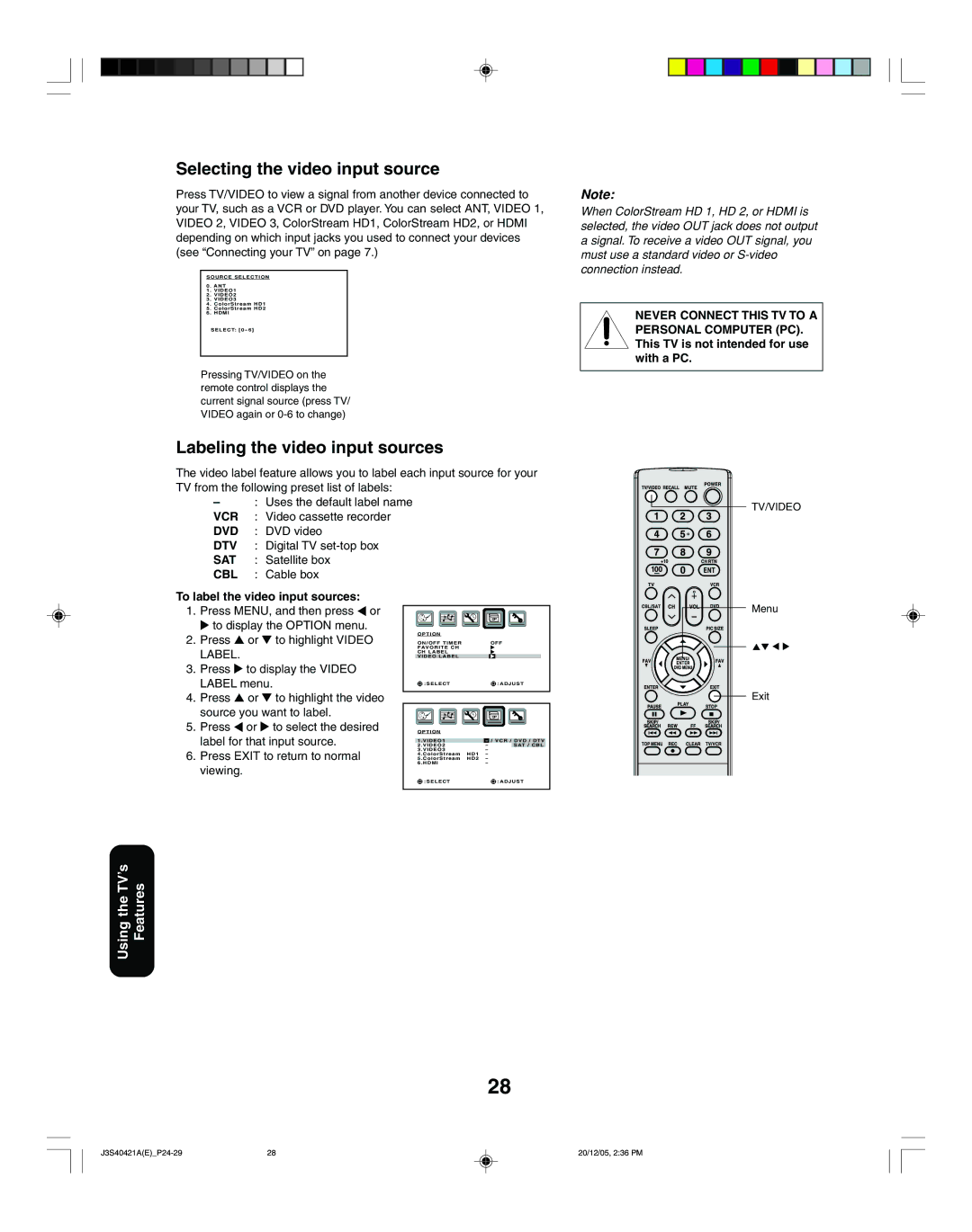 Toshiba 30HF86C Selecting the video input source, Labeling the video input sources, To label the video input sources 