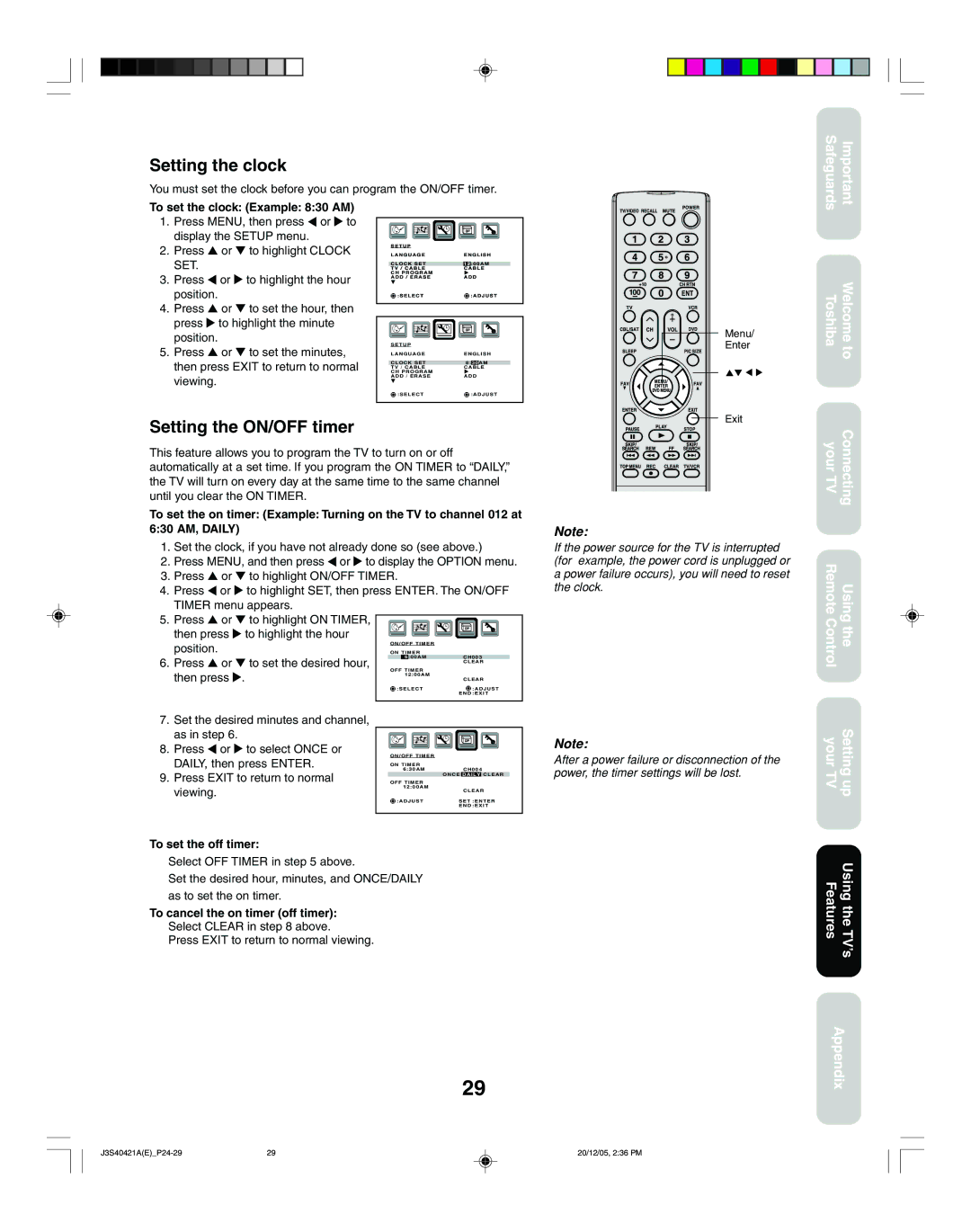 Toshiba 26HF86C, 30HF86C appendix Setting the clock, Setting the ON/OFF timer 