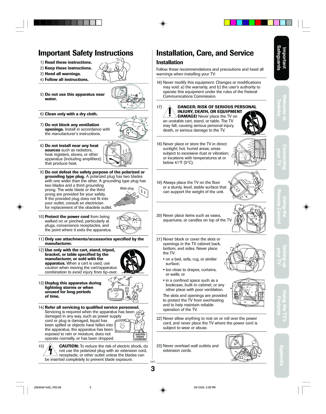 Toshiba 26HF86C, 30HF86C appendix Important Safety Instructions 