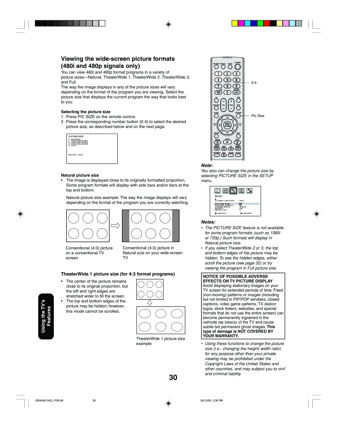 Toshiba 30HF86C TheaterWide 1 picture size for 43 format programs, Selecting the picture size, Natural picture size 