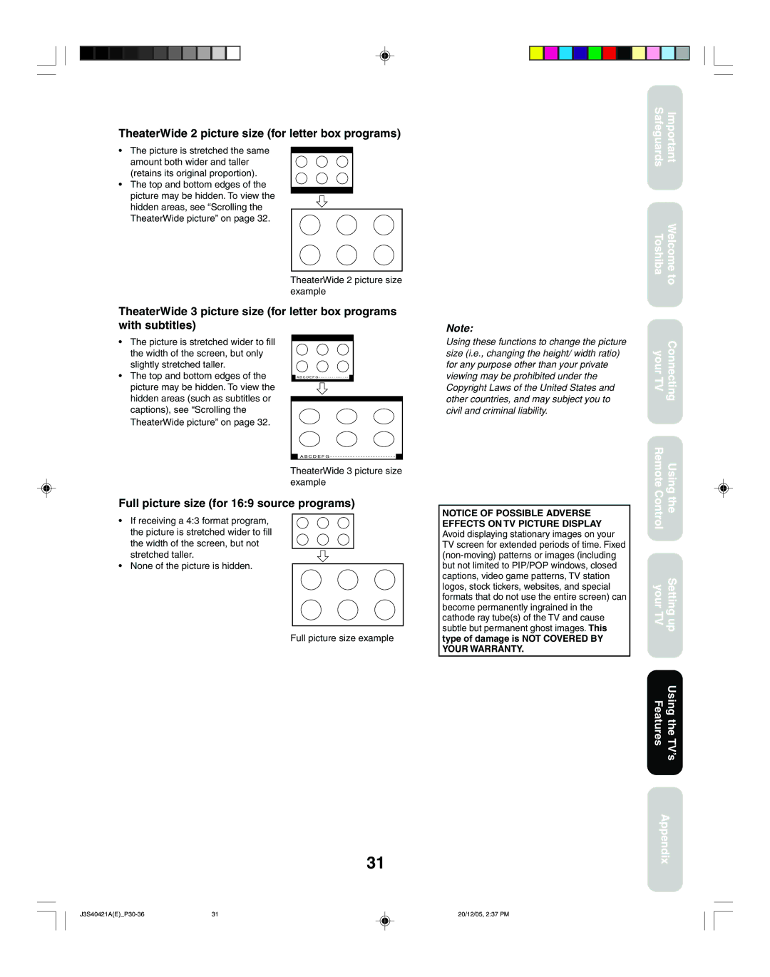 Toshiba 26HF86C, 30HF86C TheaterWide 2 picture size for letter box programs, Full picture size for 169 source programs 