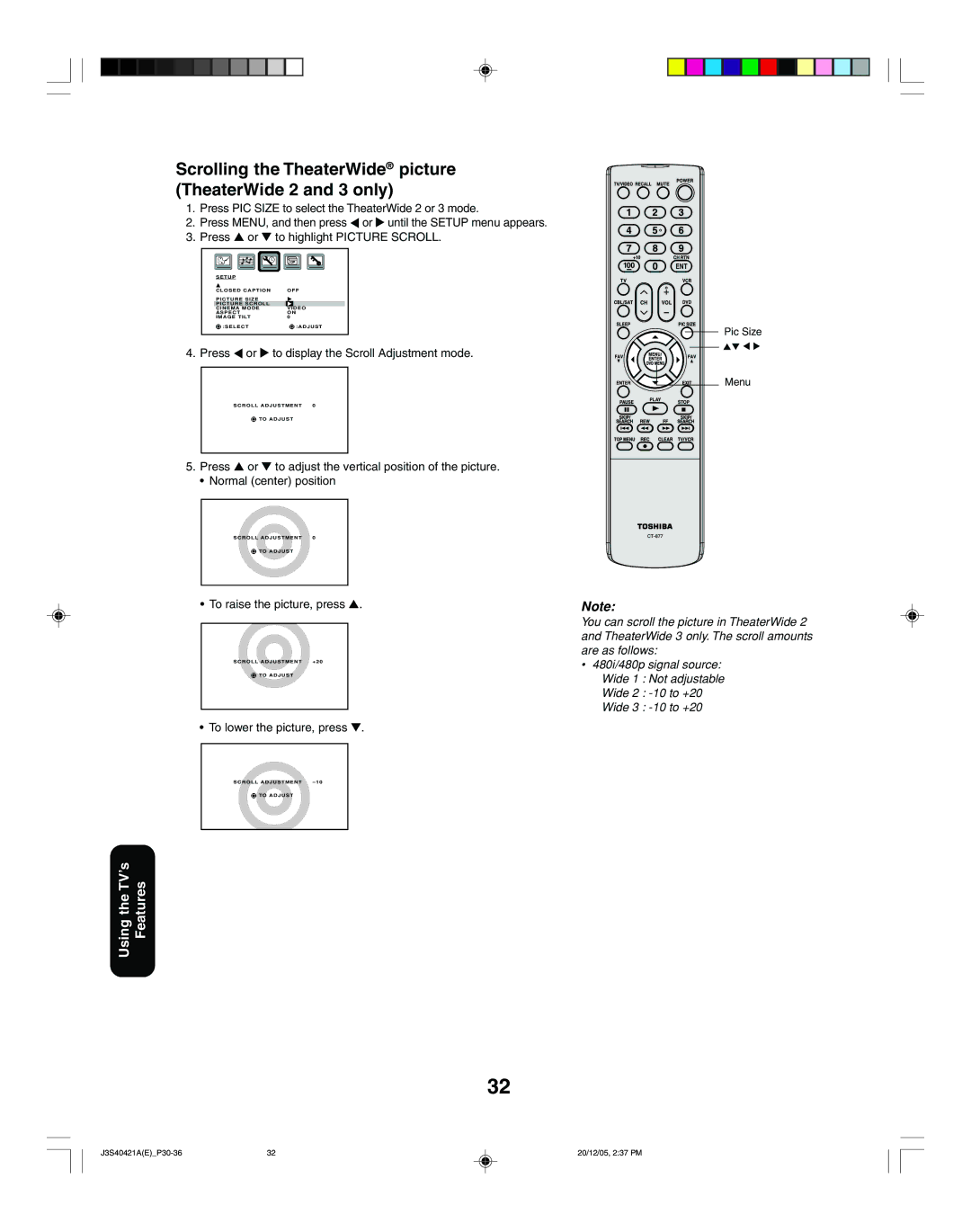 Toshiba 30HF86C Scrolling the TheaterWide picture TheaterWide 2 and 3 only, Press To display the Scroll Adjustment mode 