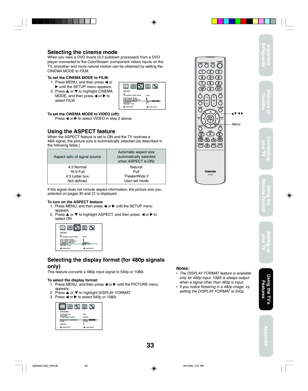 Toshiba 26HF86C Selecting the cinema mode, Using the Aspect feature, Selecting the display format for 480p signals only 