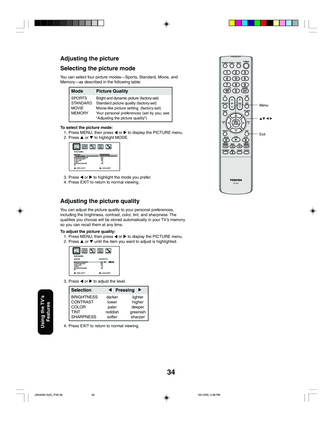 Toshiba 30HF86C Adjusting the picture Selecting the picture mode, Adjusting the picture quality, Mode Picture Quality 