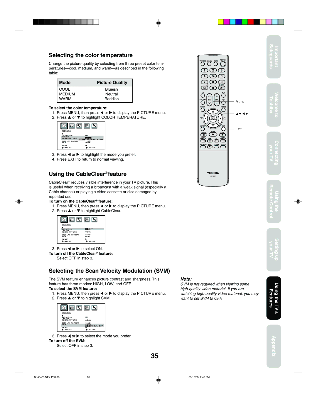 Toshiba 26HF86C Selecting the color temperature, Using the CableClear feature, Selecting the Scan Velocity Modulation SVM 