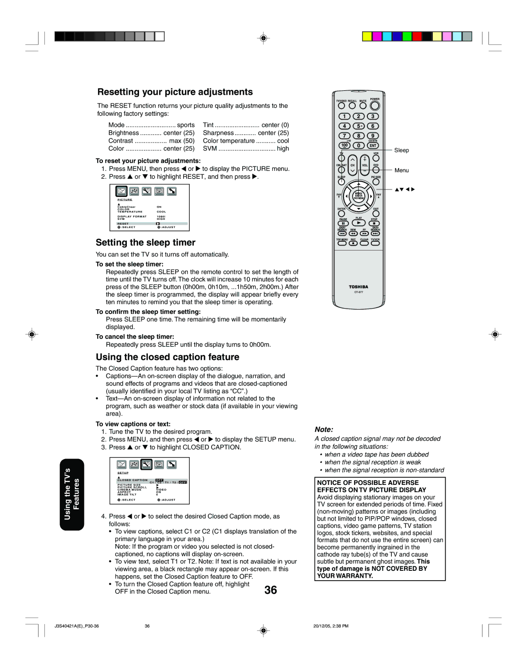 Toshiba 30HF86C, 26HF86C Resetting your picture adjustments, Setting the sleep timer, Using the closed caption feature 