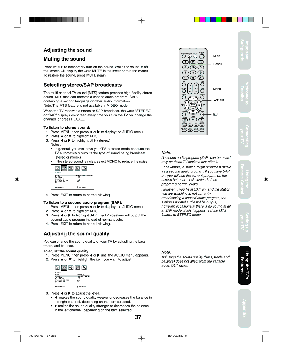 Toshiba 26HF86C appendix Adjusting the sound Muting the sound, Selecting stereo/SAP broadcasts, Adjusting the sound quality 