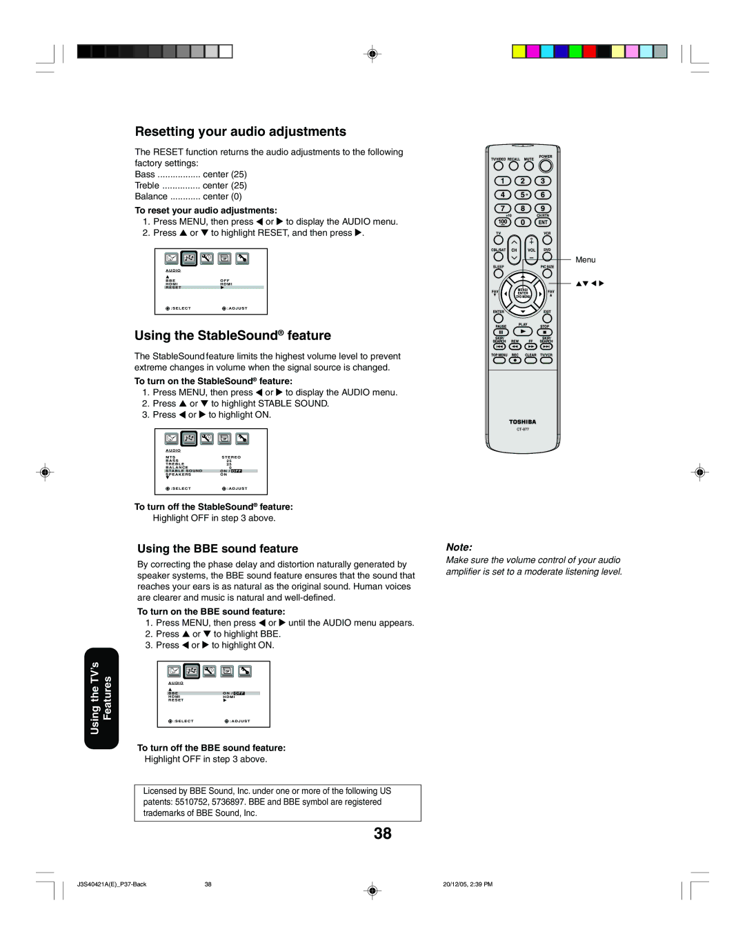 Toshiba 30HF86C, 26HF86C Resetting your audio adjustments, Using the StableSound feature, Using the BBE sound feature 