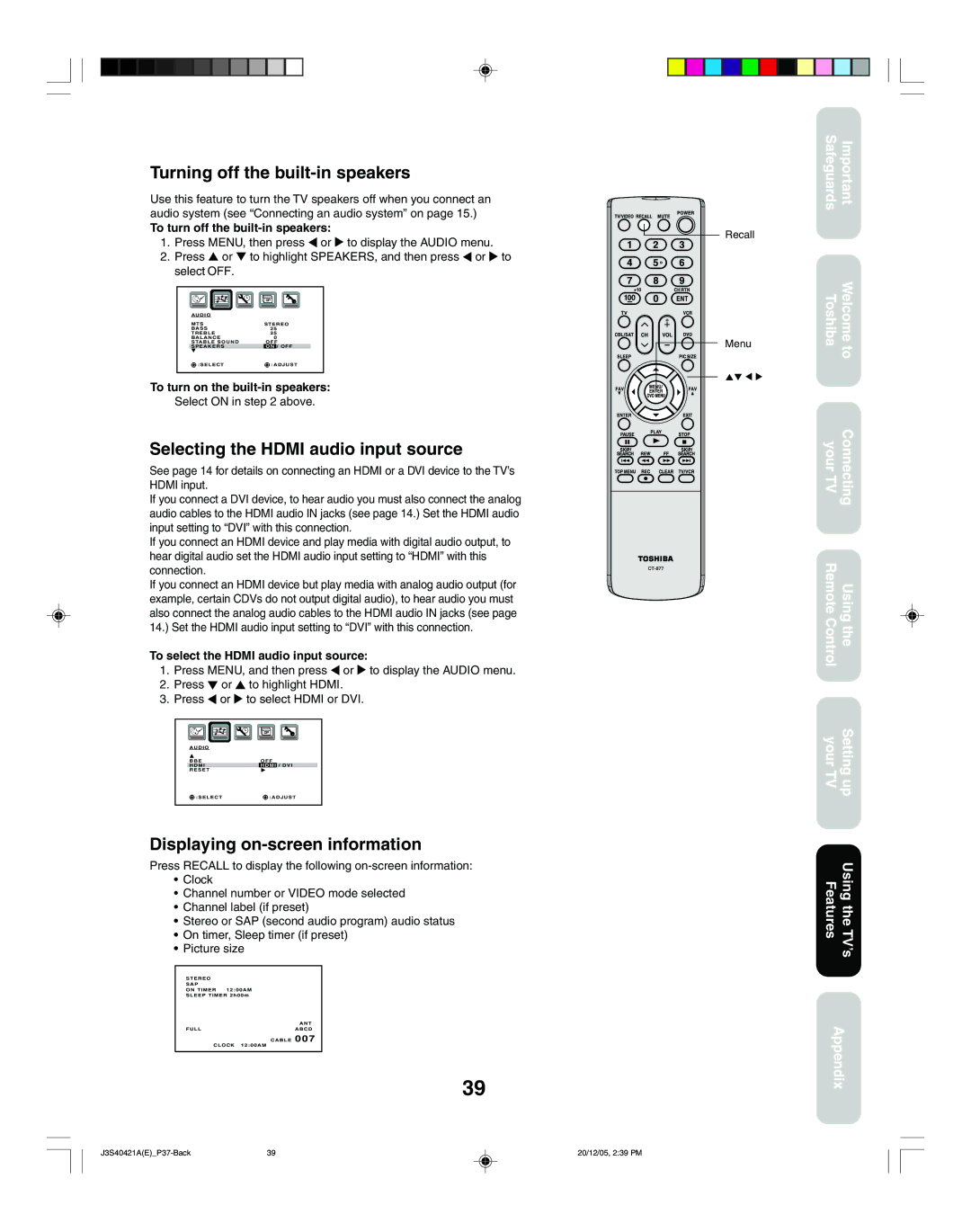 Toshiba 26HF86C Turning off the built-in speakers, Selecting the Hdmi audio input source, Displaying on-screen information 