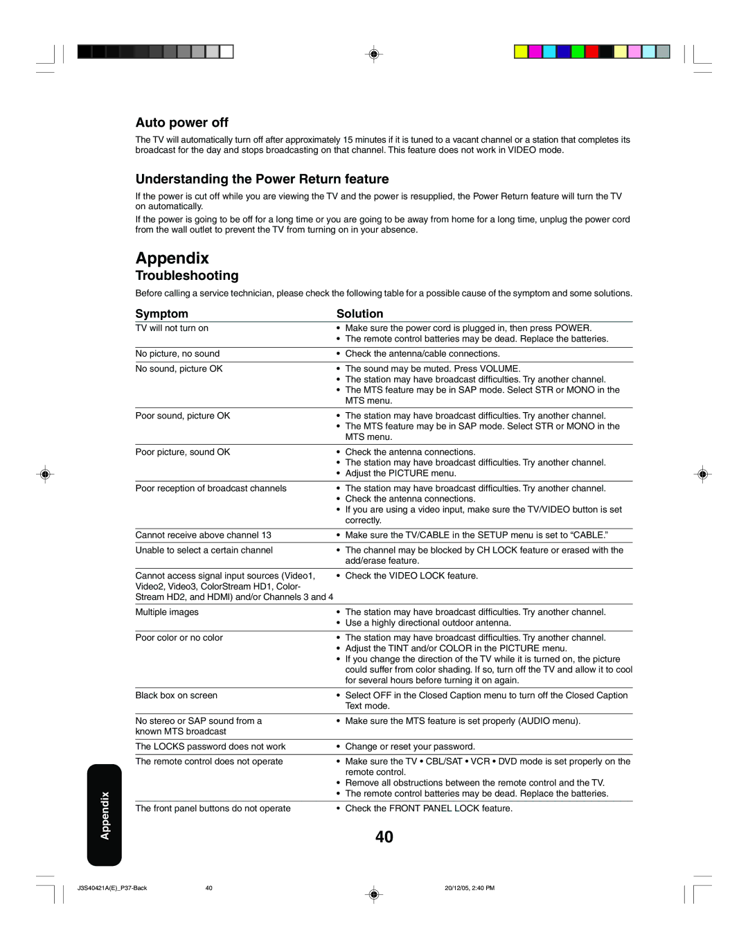 Toshiba 30HF86C Appendix, Auto power off, Understanding the Power Return feature, Troubleshooting, Symptom Solution 