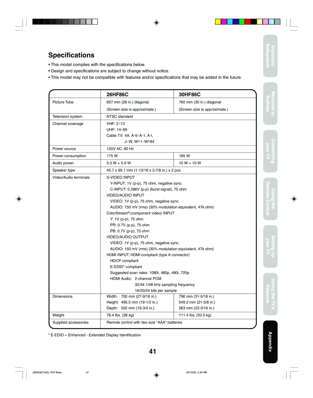 Toshiba 26HF86C, 30HF86C appendix Specifications, Video Input, VIDEO/AUDIO Input, VIDEO/AUDIO Output 