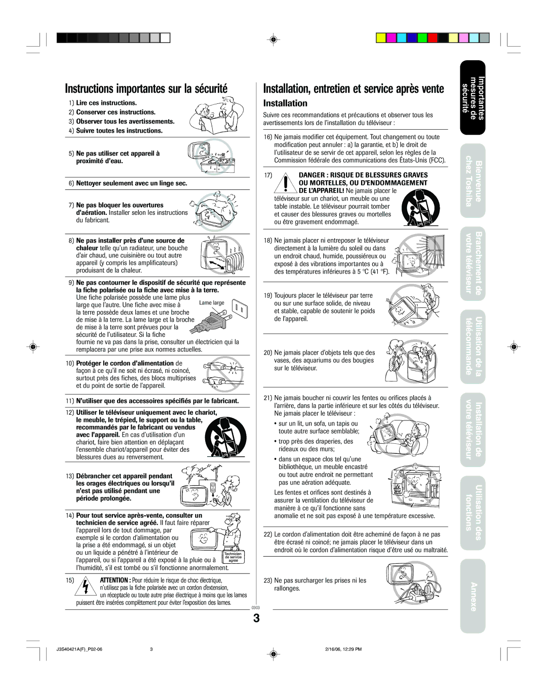 Toshiba 26HF86C, 30HF86C appendix Instructions importantes sur la sécurité 