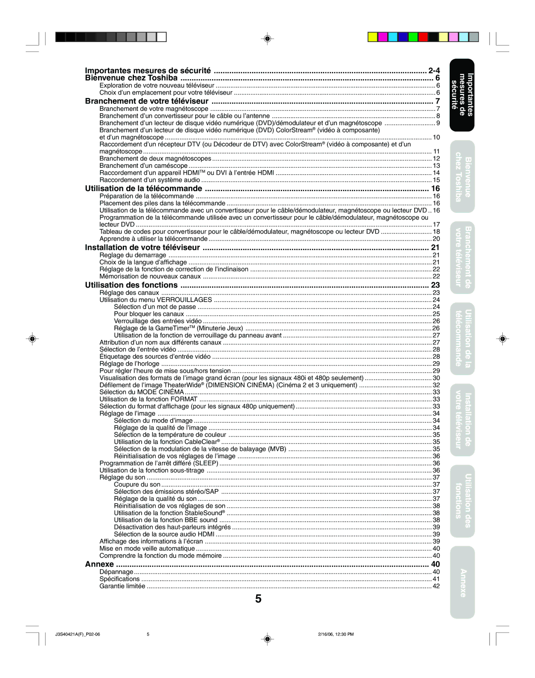 Toshiba 26HF86C Importantes mesures de sécurité, Utilisation de la télécommande, Installation de votre téléviseur, Annexe 