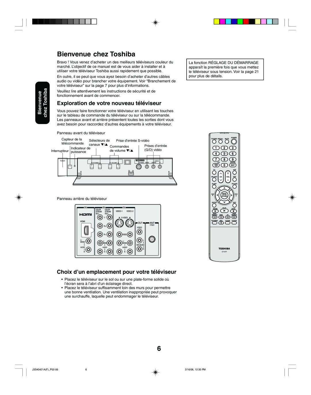 Toshiba 30HF86C, 26HF86C Bienvenue chez Toshiba, Exploration de votre nouveau téléviseur, Panneau avant du téléviseur 