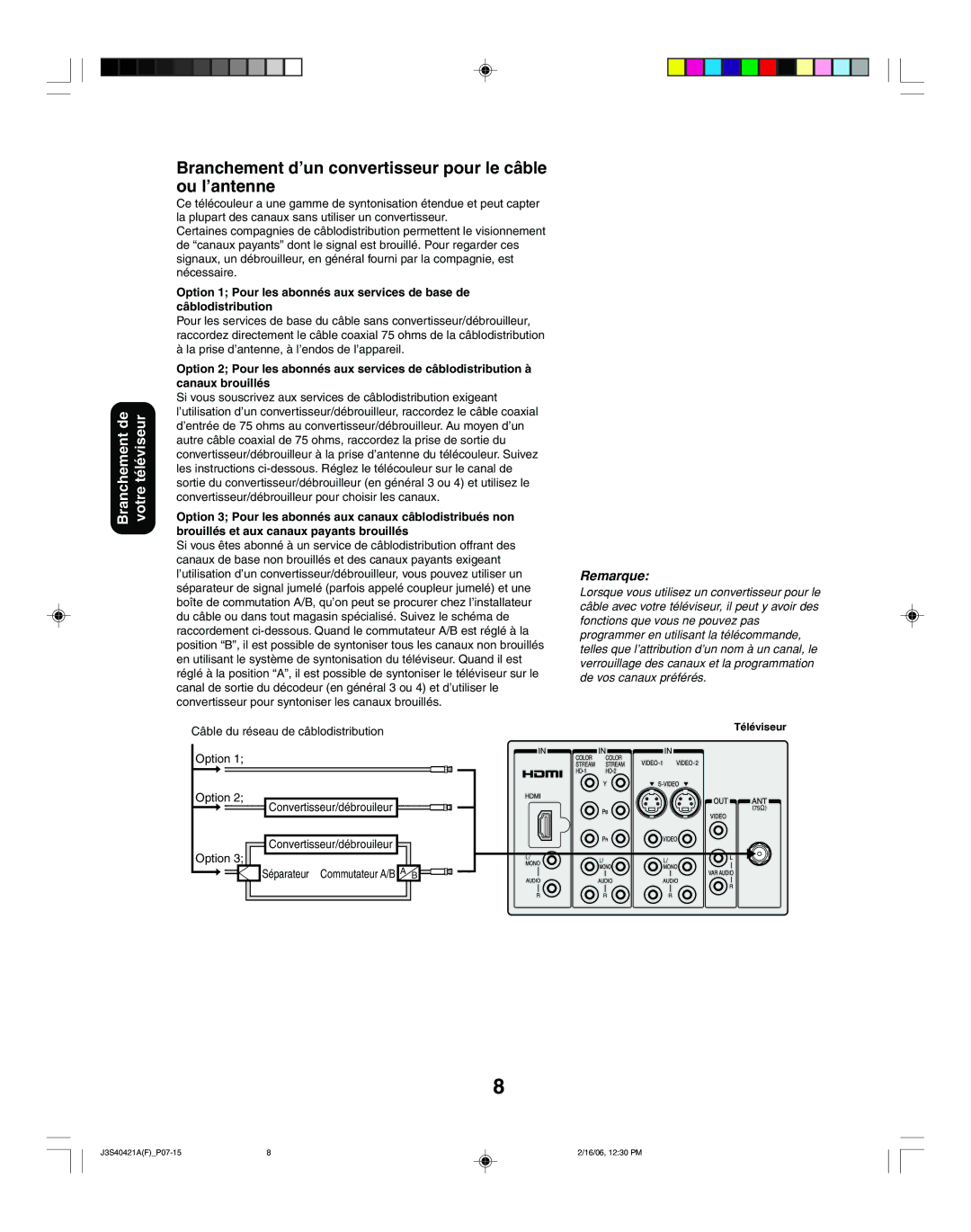 Toshiba 30HF86C Branchement d’un convertisseur pour le câble ou l’antenne, La prise d’antenne, à l’endos de l’appareil 