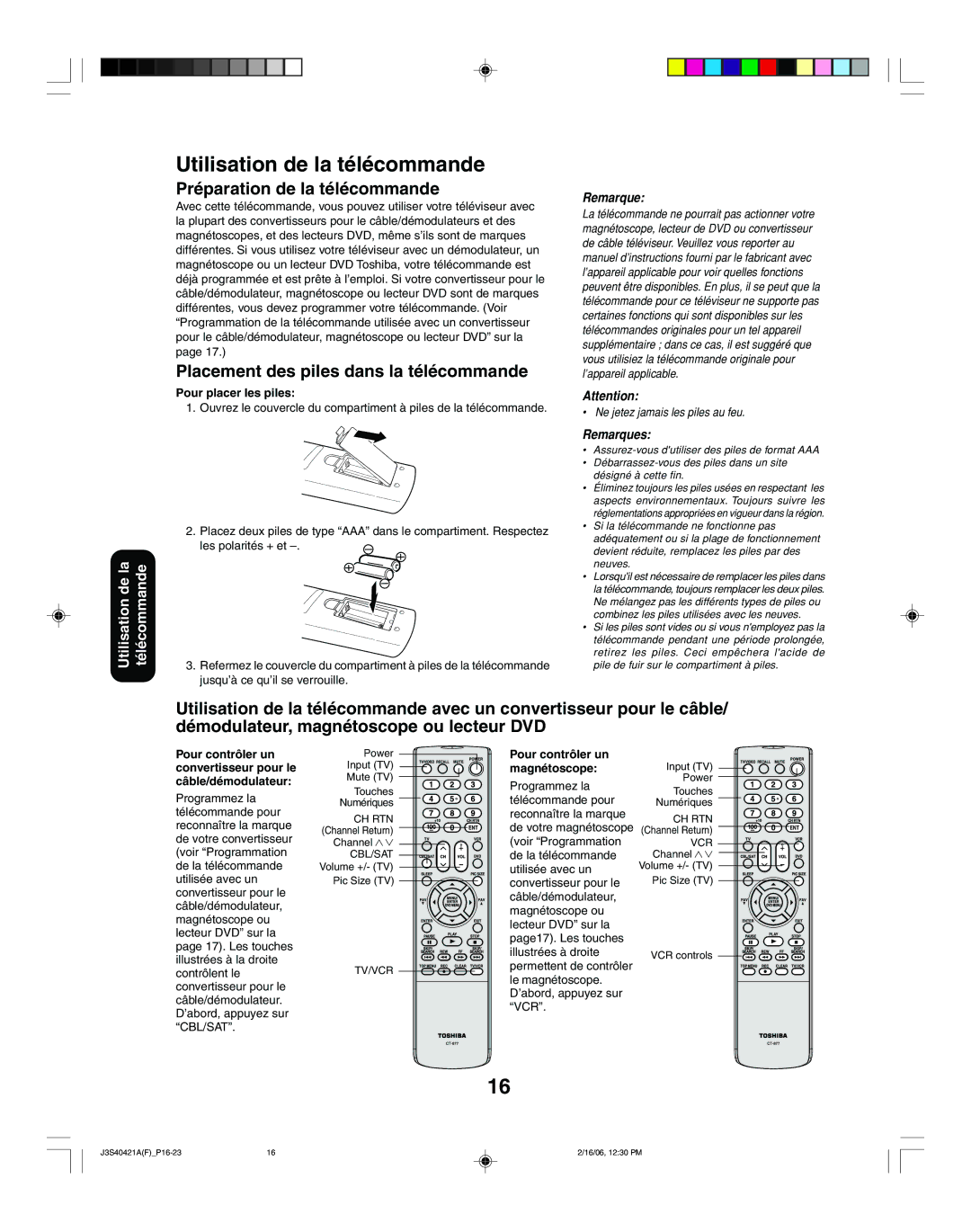 Toshiba 30HF86C Utilisation de la télécommande, Préparation de la télécommande, Placement des piles dans la télécommande 